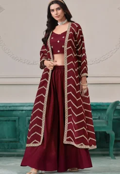 Embroidered Chinon Chiffon Crop Top Set in Maroon