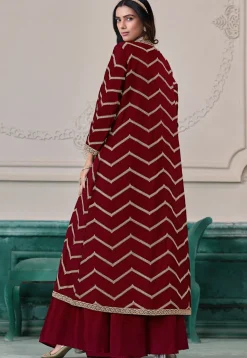 Embroidered Chinon Chiffon Crop Top Set in Maroon