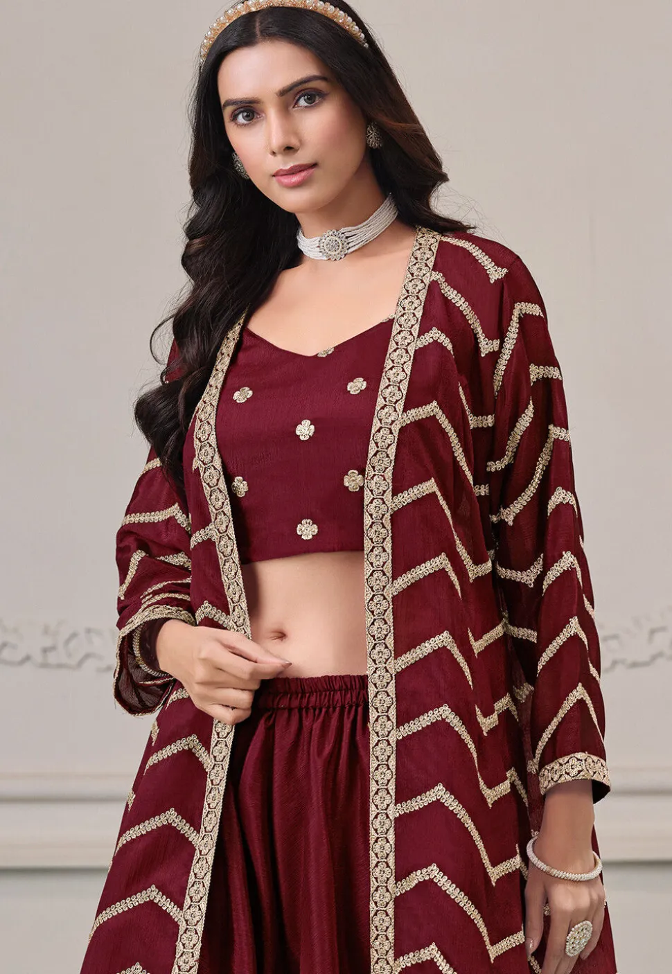Embroidered Chinon Chiffon Crop Top Set in Maroon