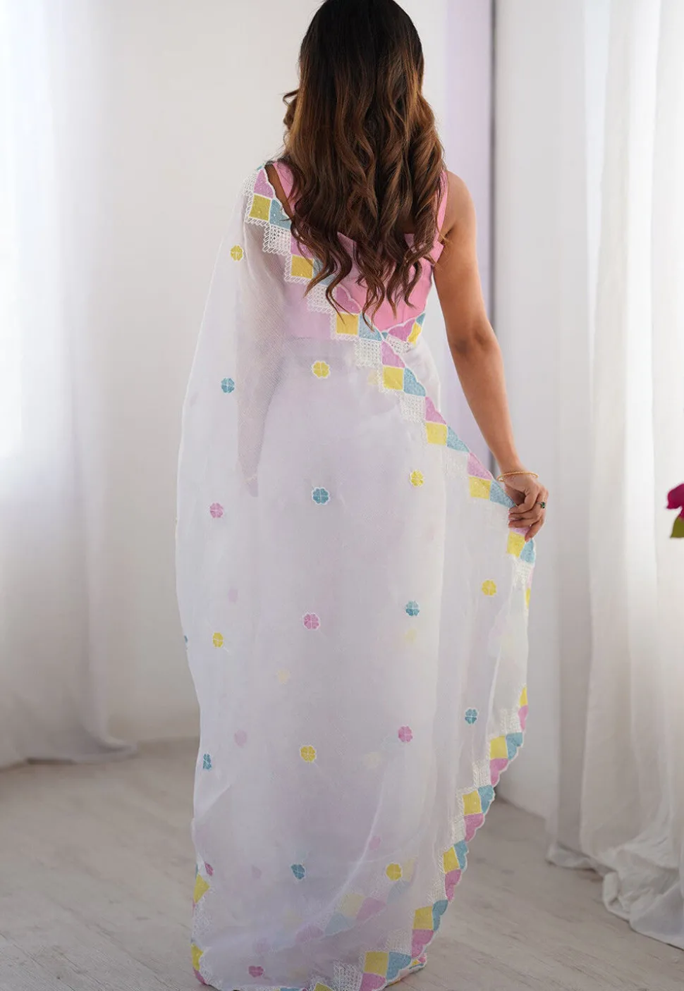 Embroidered Chinon Chiffon Scalloped Saree in Off White