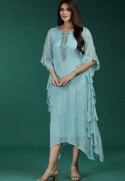 Embroidered Chinon Chiffon Kaftan in Light Blue