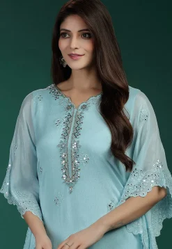 Embroidered Chinon Chiffon Kaftan in Light Blue