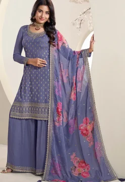 Embroidered Chinon Chiffon Pakistani Suit in Indigo Blue
