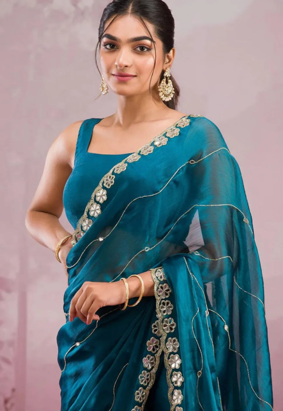 Embroidered Chinon Chiffon Scalloped Saree in Teal Blue