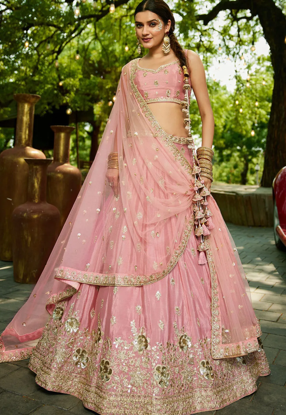 Embroidered Chinon Chiffon Lehenga in Pink