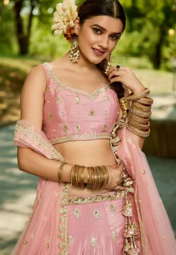 Embroidered Chinon Chiffon Lehenga in Pink