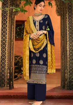 Embroidered Chinon Chiffon Pakistani Suit in Dark Blue