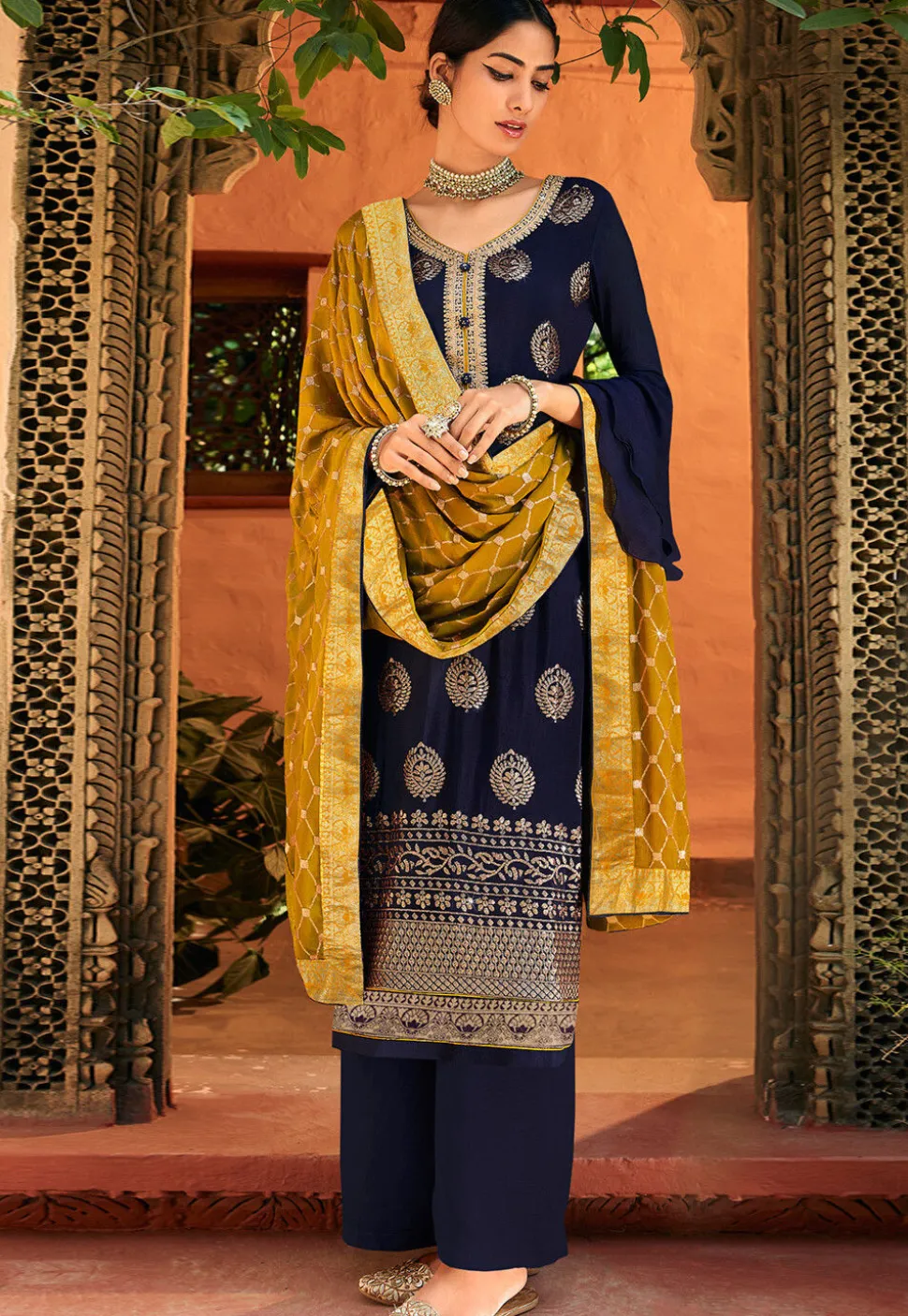 Embroidered Chinon Chiffon Pakistani Suit in Dark Blue