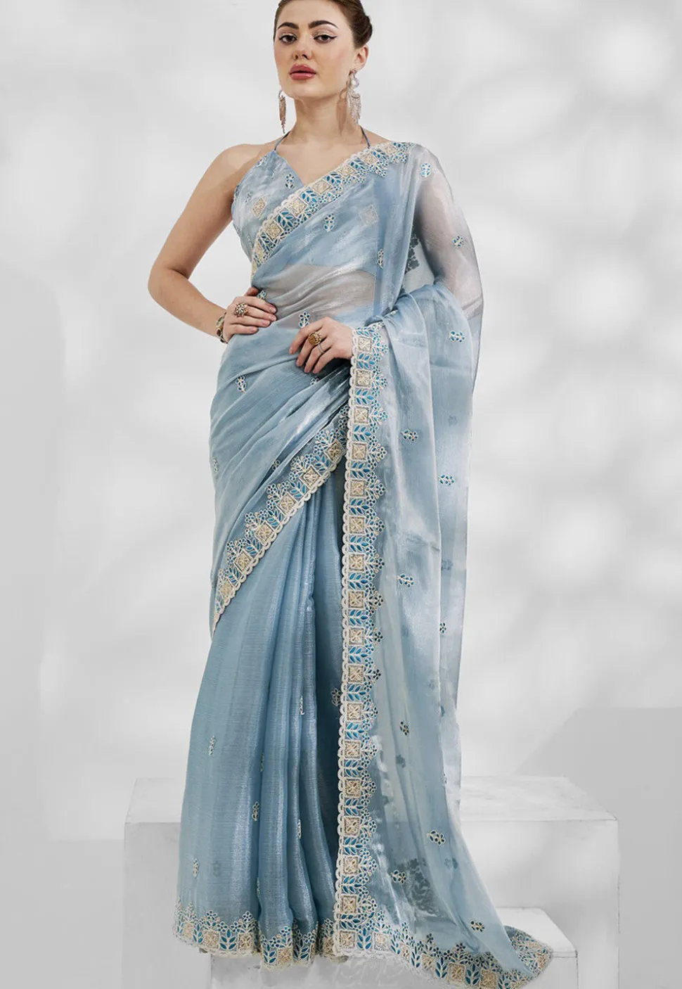 Embroidered Chinon Chiffon Scalloped Saree in Blue