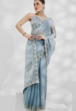 Embroidered Chinon Chiffon Scalloped Saree in Blue