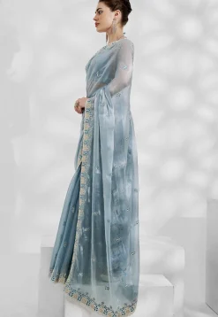 Embroidered Chinon Chiffon Scalloped Saree in Blue