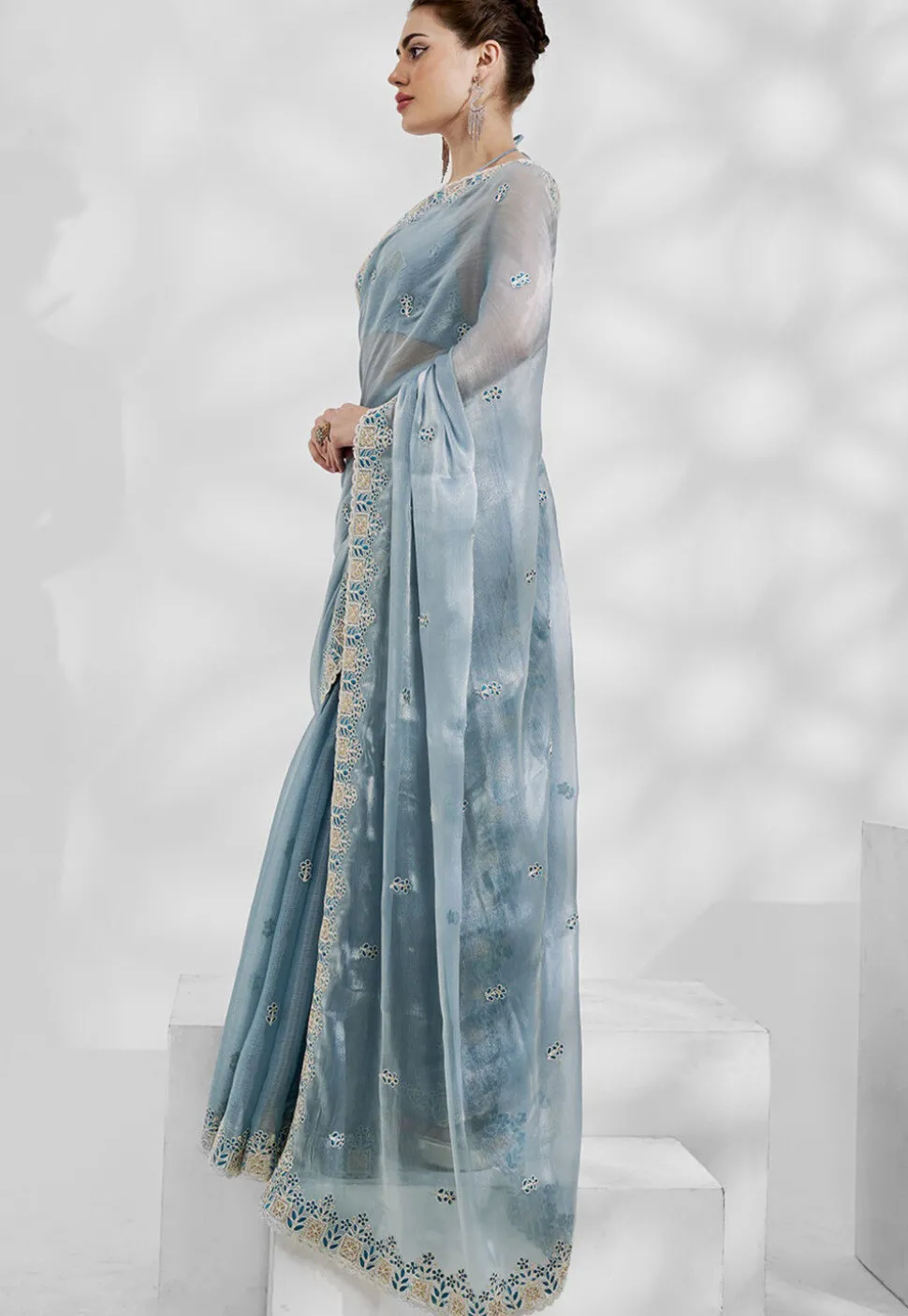 Embroidered Chinon Chiffon Scalloped Saree in Blue
