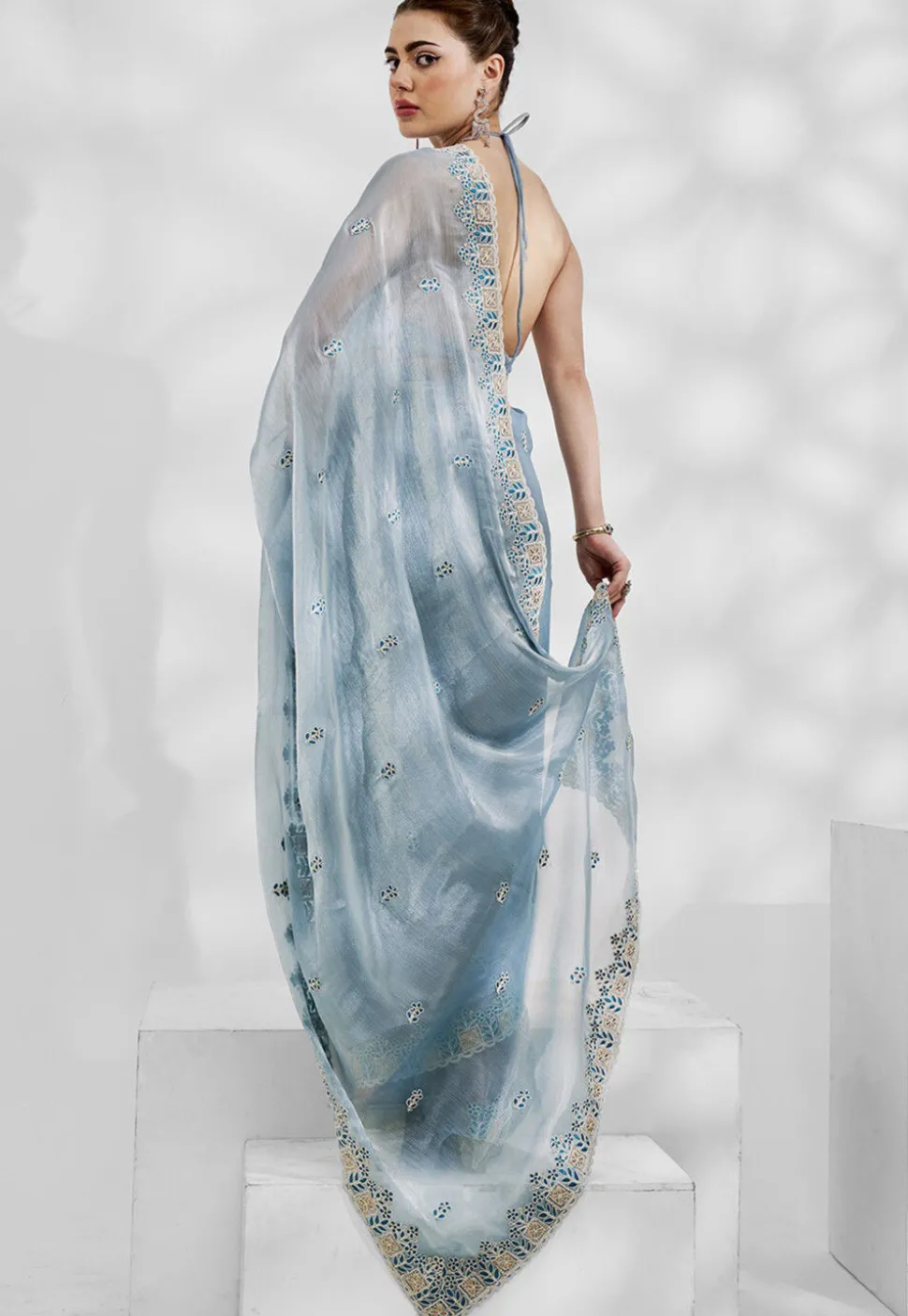 Embroidered Chinon Chiffon Scalloped Saree in Blue