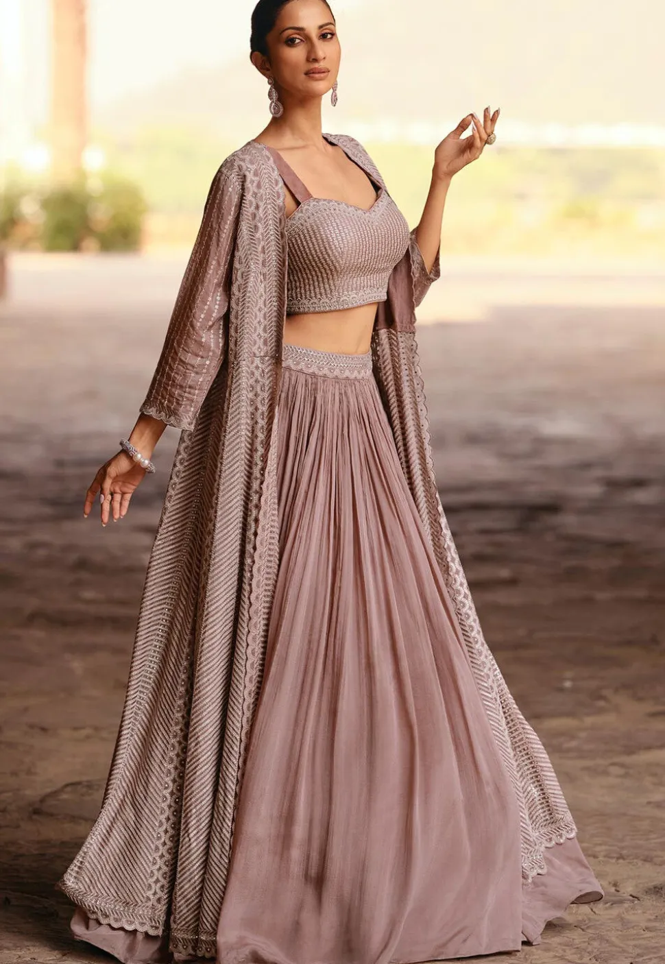 Embroidered Chinon Chiffon Lehenga in Dusty Purple