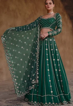 Embroidered Chinon Chiffon Lehenga in Dark Green