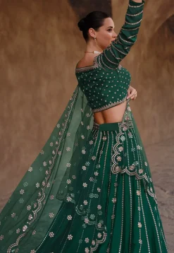 Embroidered Chinon Chiffon Lehenga in Dark Green