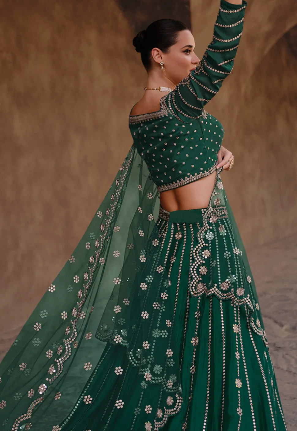 Embroidered Chinon Chiffon Lehenga in Dark Green