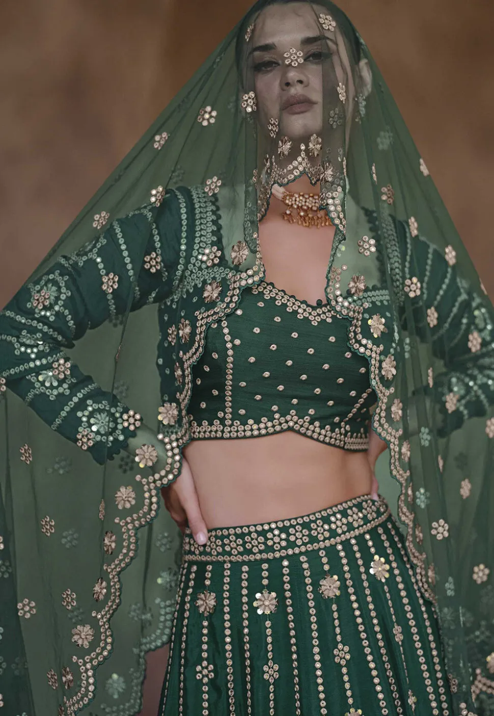 Embroidered Chinon Chiffon Lehenga in Dark Green