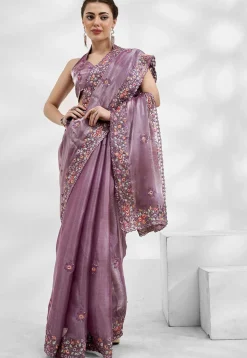 Embroidered Chinon Chiffon Scalloped Saree in Purple