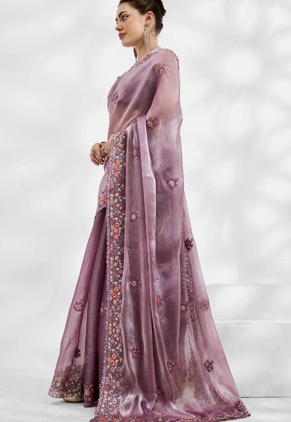 Embroidered Chinon Chiffon Scalloped Saree in Purple