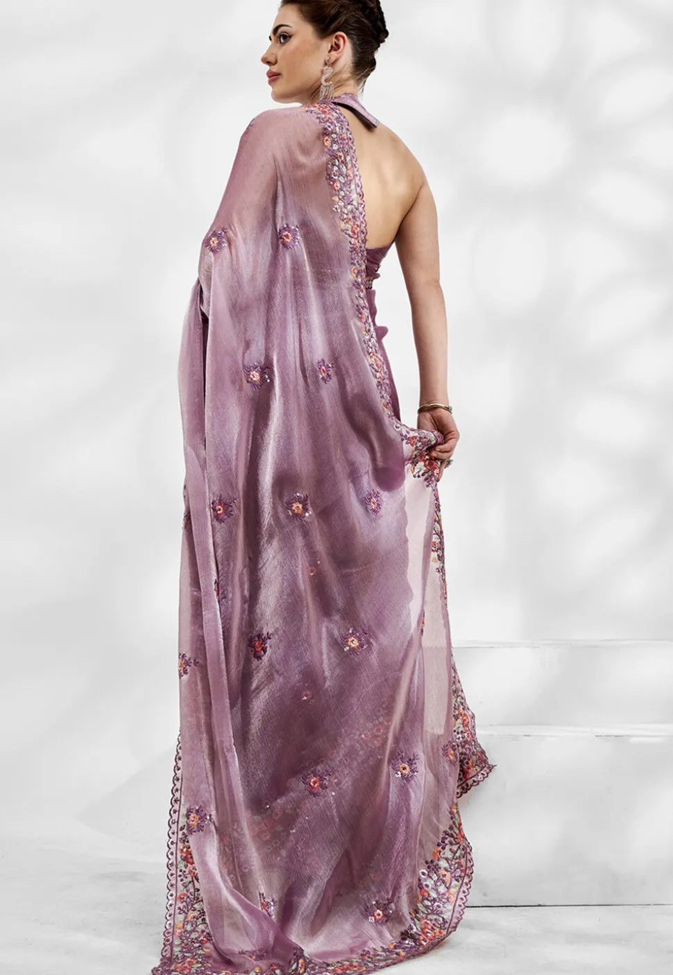 Embroidered Chinon Chiffon Scalloped Saree in Purple