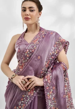 Embroidered Chinon Chiffon Scalloped Saree in Purple