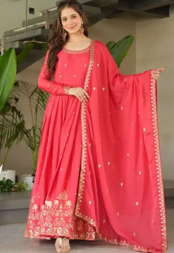 Embroidered Chinon Chiffon Abaya Style Suit in Coral Pink