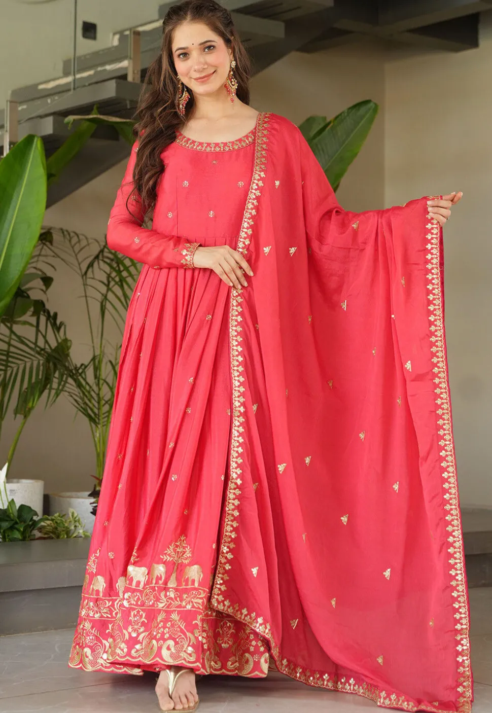 Embroidered Chinon Chiffon Abaya Style Suit in Coral Pink