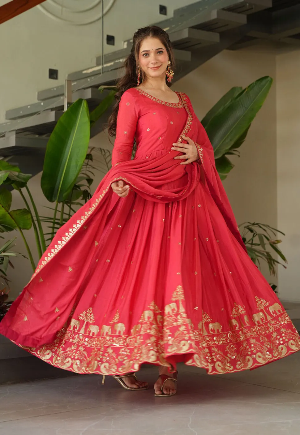 Embroidered Chinon Chiffon Abaya Style Suit in Coral Pink