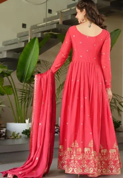 Embroidered Chinon Chiffon Abaya Style Suit in Coral Pink