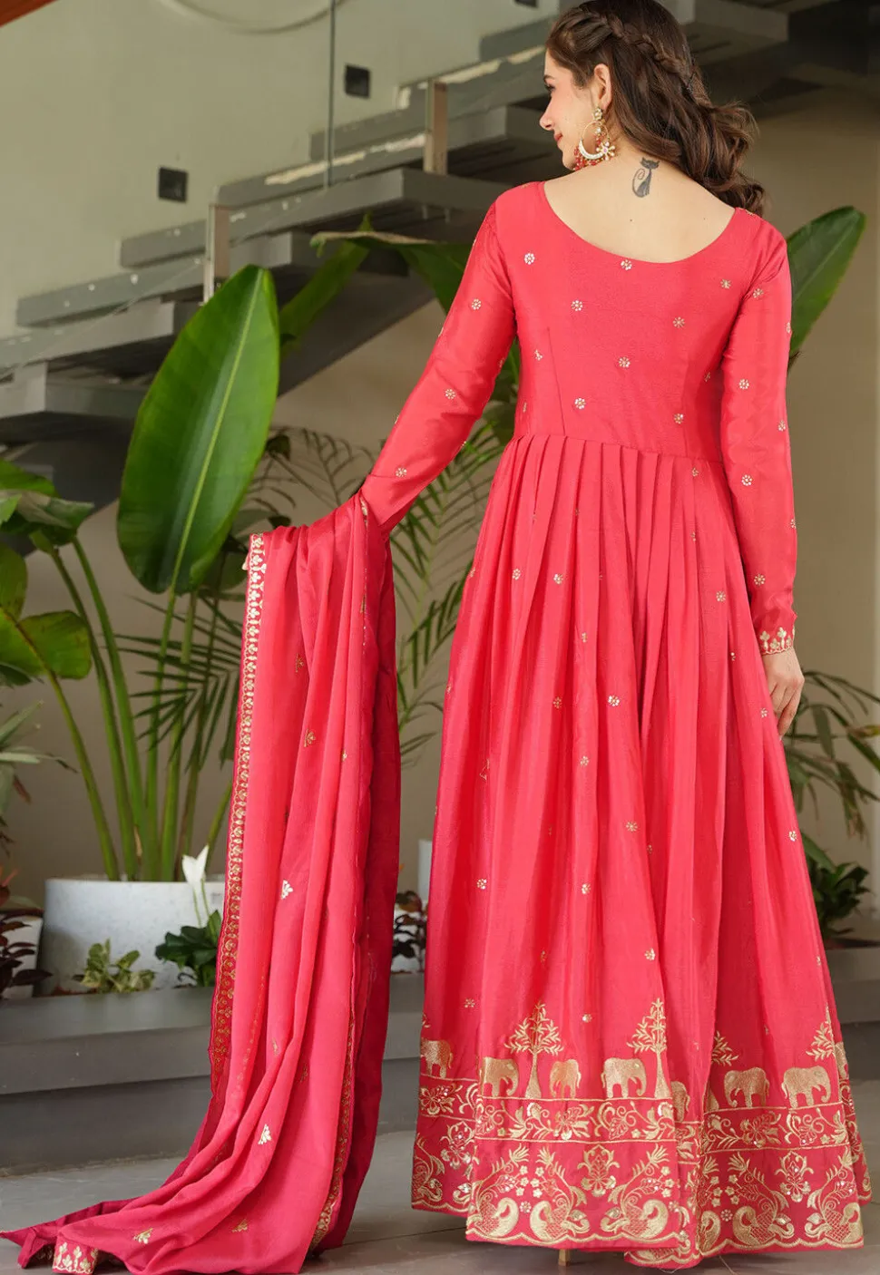 Embroidered Chinon Chiffon Abaya Style Suit in Coral Pink