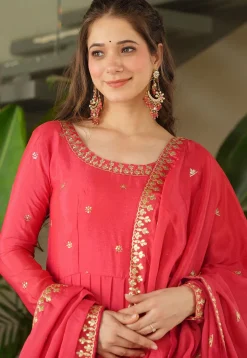 Embroidered Chinon Chiffon Abaya Style Suit in Coral Pink