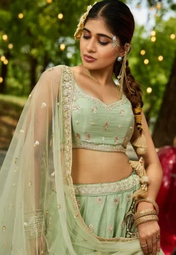 Embroidered Chinon Chiffon Lehenga in Light Green