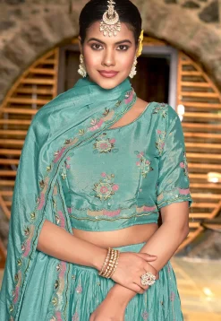 Embroidered Chinon Chiffon Lehenga in Turquoise