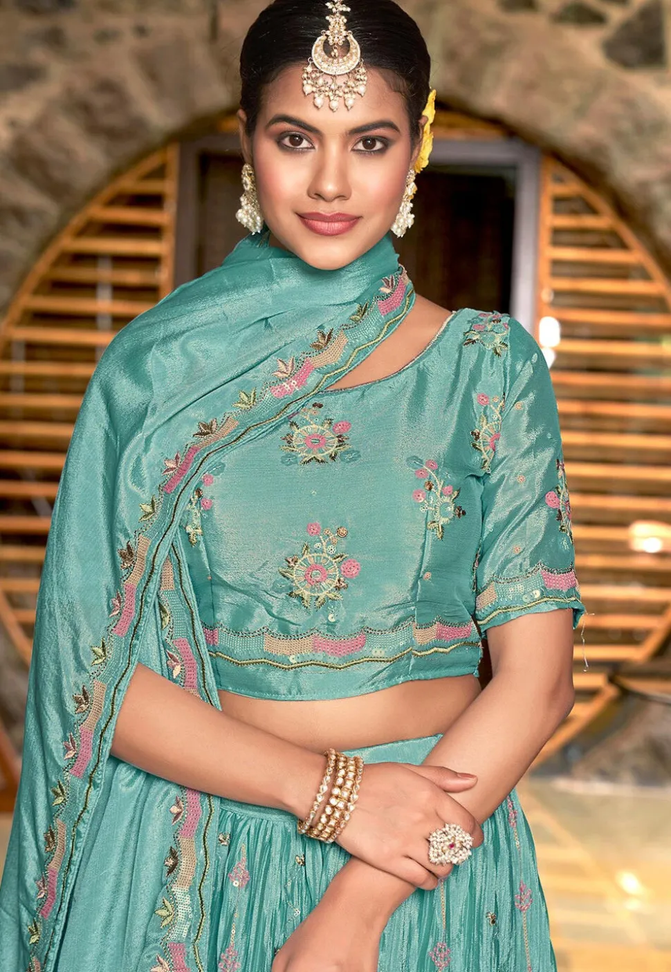 Embroidered Chinon Chiffon Lehenga in Turquoise