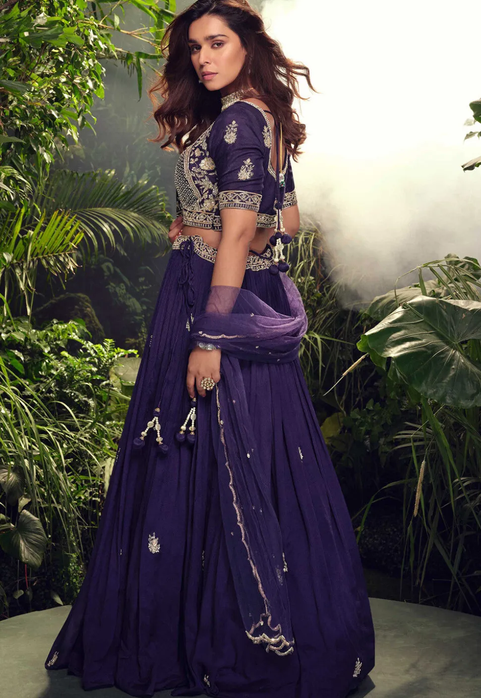 Embroidered Chinon Chiffon Lehenga in Purple