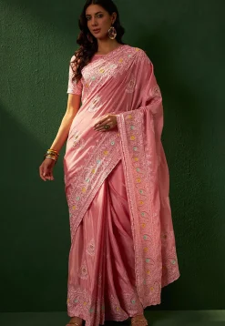 Embroidered Chinon Chiffon Saree in Pink