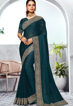 Embroidered Chinon Chiffon Saree in Teal Blue