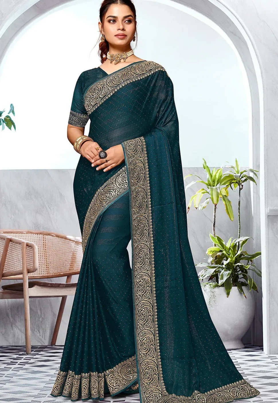 Embroidered Chinon Chiffon Saree in Teal Blue