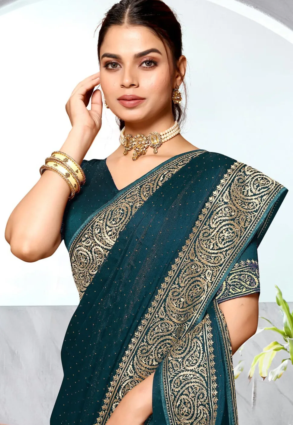 Embroidered Chinon Chiffon Saree in Teal Blue