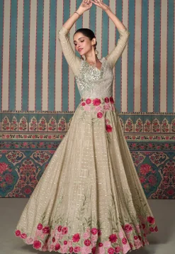 Embroidered Chinon Chiffon Gown in Beige
