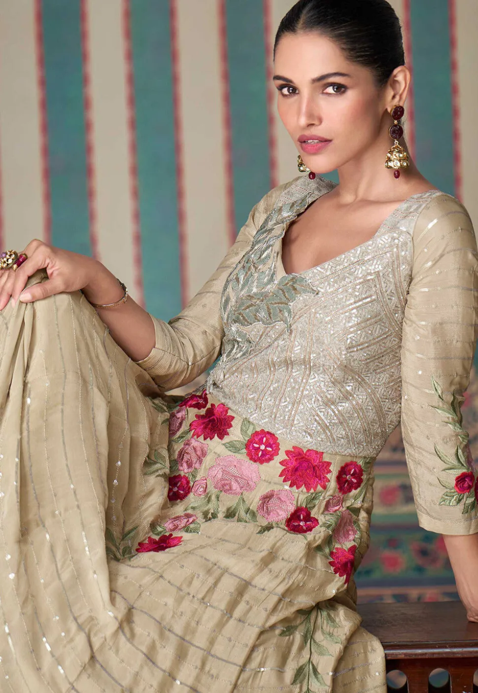 Embroidered Chinon Chiffon Gown in Beige
