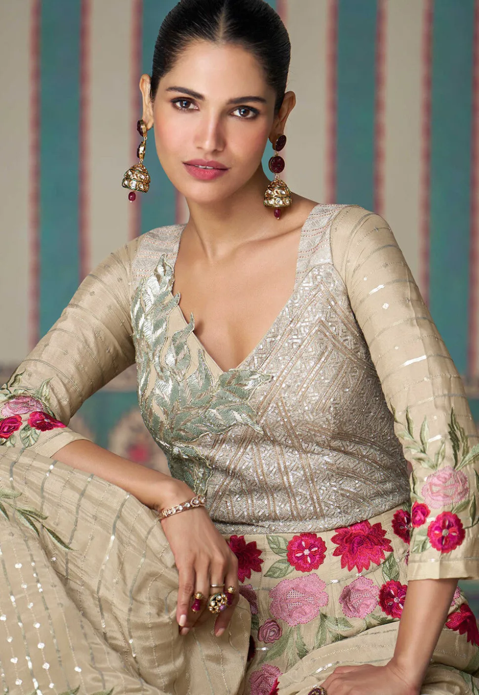 Embroidered Chinon Chiffon Gown in Beige
