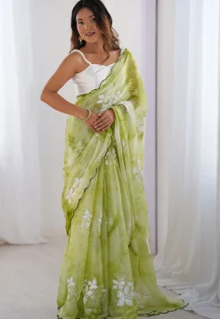 Embroidered Chinon Chiffon Scalloped Saree in Green
