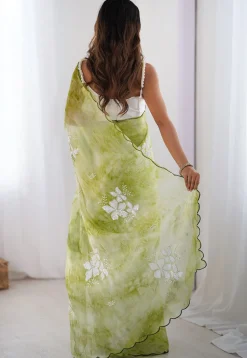 Embroidered Chinon Chiffon Scalloped Saree in Green