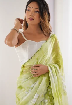 Embroidered Chinon Chiffon Scalloped Saree in Green