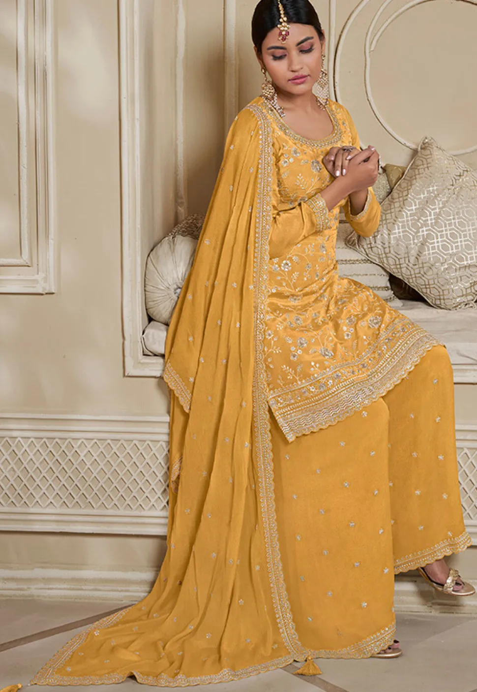 Embroidered Chinon Chiffon Pakistani Suit in Yellow