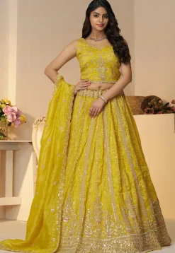 Embroidered Chinon Chiffon Lehenga in Yellow