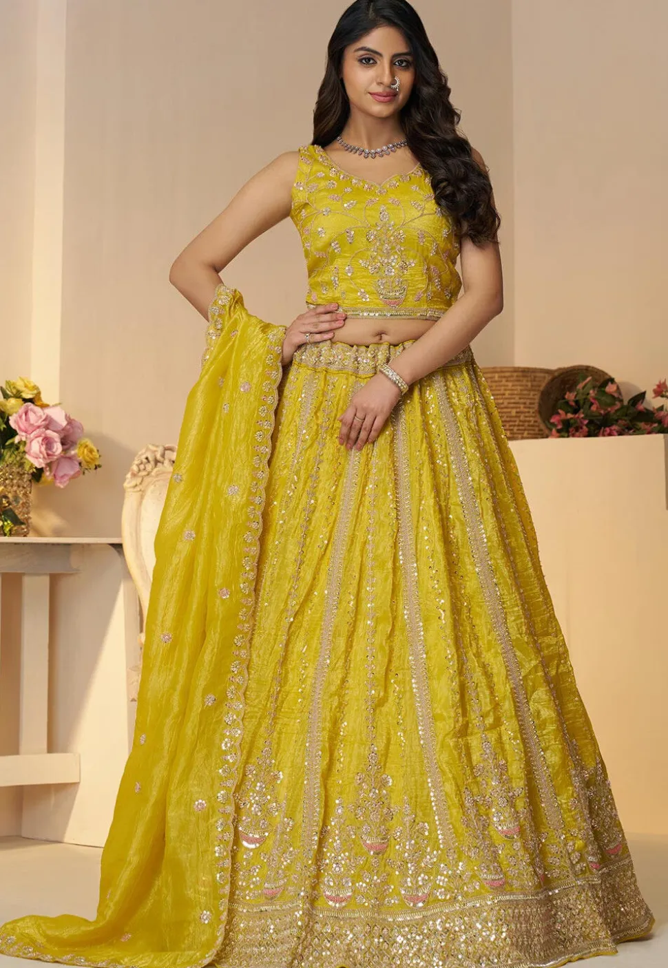 Embroidered Chinon Chiffon Lehenga in Yellow