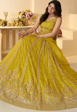 Embroidered Chinon Chiffon Lehenga in Yellow